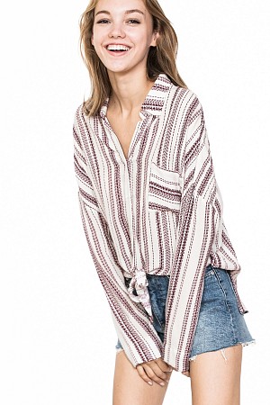 STRIPE LONG SLEEVE FRONT TIE S ...